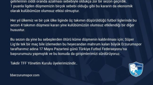 BB Erzurumspor küme düşmenin kaldırılması için TFF'ye başvuruda bulundu