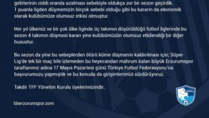 BB Erzurumspor küme düşmenin kaldırılması için TFF'ye başvuruda bulundu