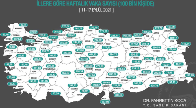 İl il her 100 bin kişide görülen Covid-19 vaka sayıları 