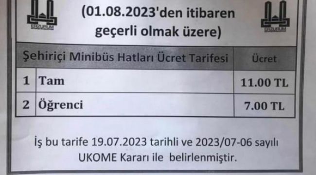 Erzurum'da toplu taşımaya yeni zam